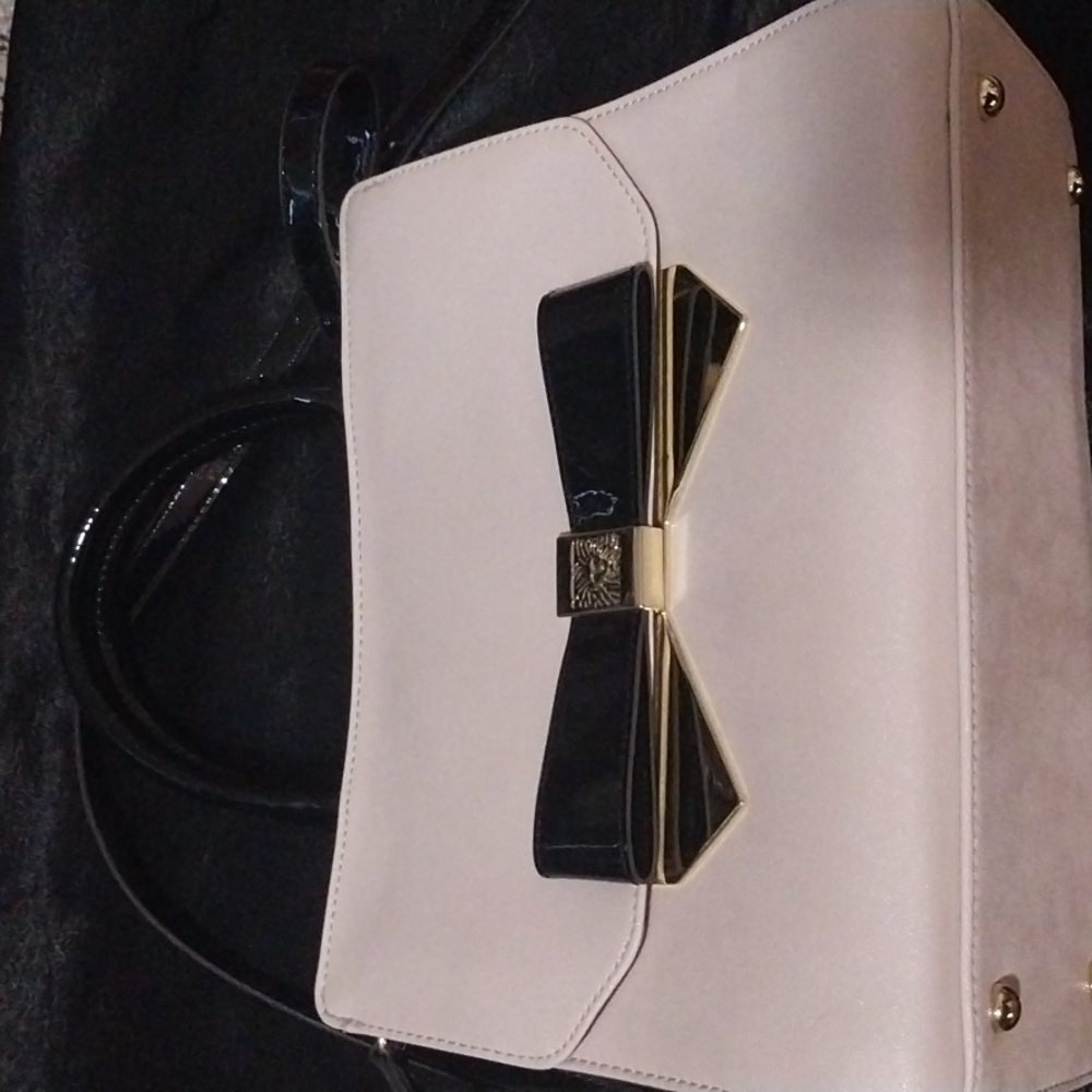 Anne Klein White and Black Handbag with Bow Accent